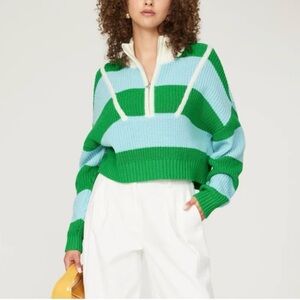 STAUD Hampton Green Blue Striped Half Zip Cotton Sweater Top Size Small LIKE NEW